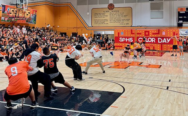 PHOTO: provided by SPHS | The South Pasadenan | Students participate in a tug-of-war contest as part of the annual SPHS Color Day Assembly.