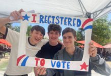 PHOTO: provided by South Pasadena High School | The South Pasadenan | SPHS students (left to right) Felix McFerrin, Sebastian Thompson, and Nathan Friezer share their enthusiasm about registering to vote.