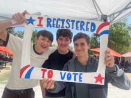 PHOTO: provided by South Pasadena High School | The South Pasadenan | SPHS students (left to right) Felix McFerrin, Sebastian Thompson, and Nathan Friezer share their enthusiasm about registering to vote.