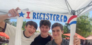 PHOTO: provided by South Pasadena High School | The South Pasadenan | SPHS students (left to right) Felix McFerrin, Sebastian Thompson, and Nathan Friezer share their enthusiasm about registering to vote.