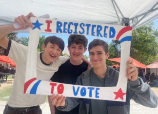 PHOTO: provided by South Pasadena High School | The South Pasadenan | SPHS students (left to right) Felix McFerrin, Sebastian Thompson, and Nathan Friezer share their enthusiasm about registering to vote.