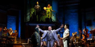 PHOTO: T Charles Erickson | The South Pasadenan | (from top left clockwise) Matthew Patrick Quinn, Lana Gordon, J. Antonio Rodriguez, Will Mann, Amaya Braganza and company in the Hadestown North American Tour 2023.