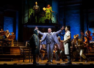 PHOTO: T Charles Erickson | The South Pasadenan | (from top left clockwise) Matthew Patrick Quinn, Lana Gordon, J. Antonio Rodriguez, Will Mann, Amaya Braganza and company in the Hadestown North American Tour 2023.