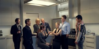 PHOTO: Justin Bettman | The South Pasadenan | L-R: Mark Jacobson, Brian Lee Huynh, Wendie Malick, Lauren Worsham, Richard Bekins, Bella Heathcote, Jonah Platt and Brian Patrick Murphy in The Engagement Party at Geffen Playhouse.