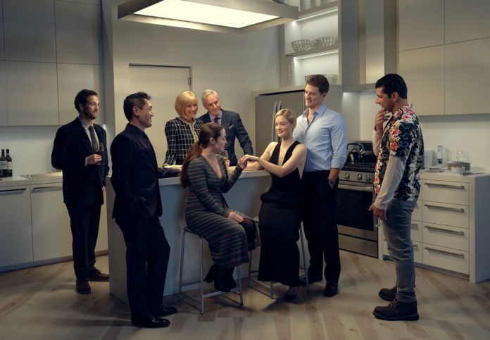 PHOTO: Justin Bettman | The South Pasadenan | L-R: Mark Jacobson, Brian Lee Huynh, Wendie Malick, Lauren Worsham, Richard Bekins, Bella Heathcote, Jonah Platt and Brian Patrick Murphy in The Engagement Party at Geffen Playhouse.