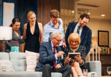 PHOTO: Jeff Lorch | The South Pasadenan | L-R: Lauren Worsham, Bella Heathcote, Jonah Platt, Richard Bekins, Wendie Malick and Mark Jacobson in The Engagement Party at Geffen Playhouse. Directed by Darko Tresnjak.