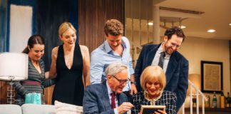 PHOTO: Jeff Lorch | The South Pasadenan | L-R: Lauren Worsham, Bella Heathcote, Jonah Platt, Richard Bekins, Wendie Malick and Mark Jacobson in The Engagement Party at Geffen Playhouse. Directed by Darko Tresnjak.