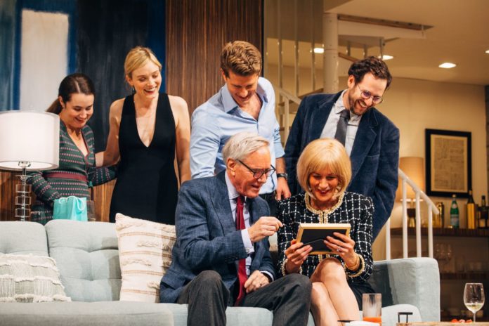 PHOTO: Jeff Lorch | The South Pasadenan | L-R: Lauren Worsham, Bella Heathcote, Jonah Platt, Richard Bekins, Wendie Malick and Mark Jacobson in The Engagement Party at Geffen Playhouse. Directed by Darko Tresnjak.