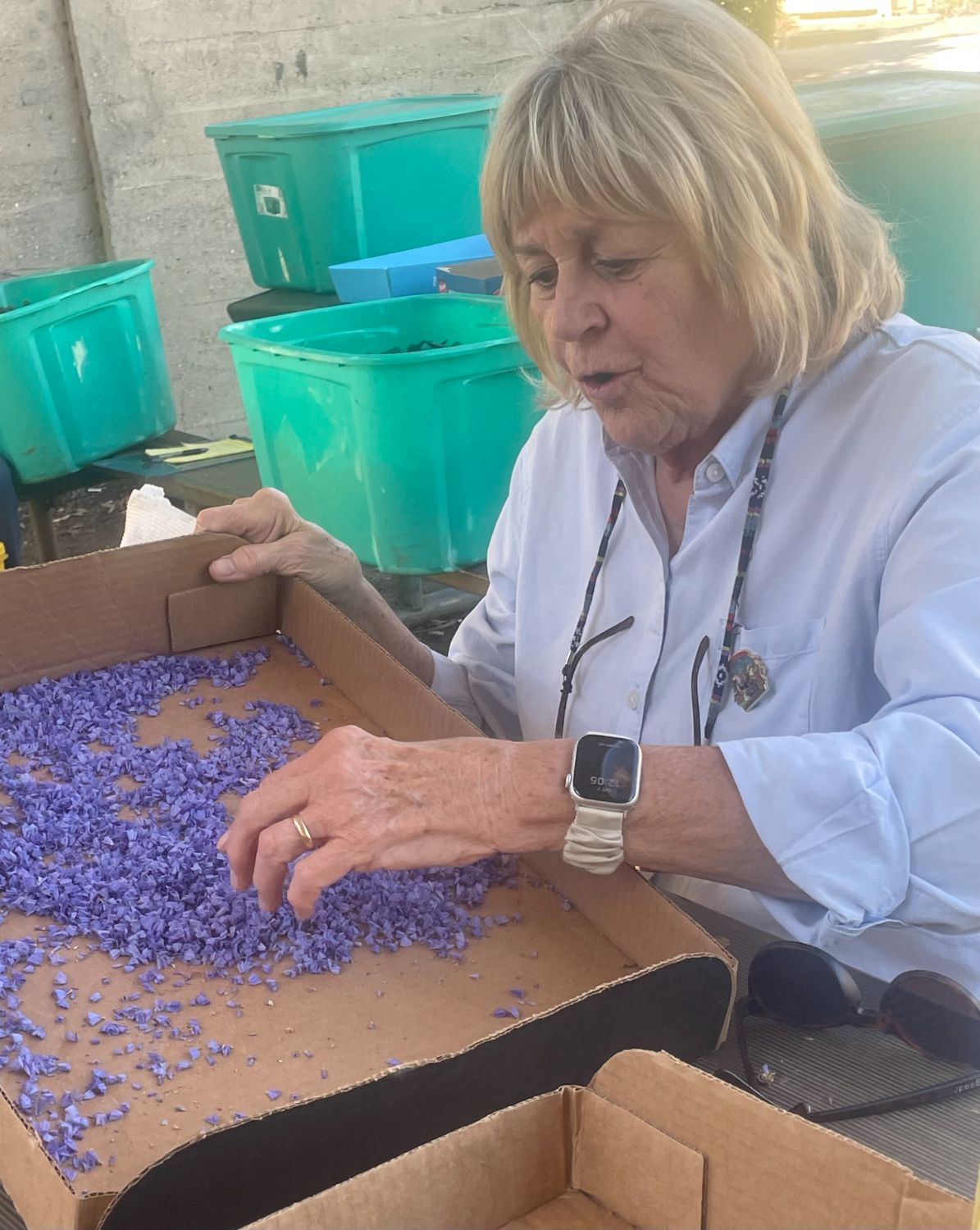 | The South Pasadenan | South Pasadena News PHOTO: Sally Kilby | The South Pasadenan | Deco Squad member Karen Ball cuts dried statice blossoms off stems at a recent work session. They will be gathered and glued onto the “Boogie Fever” float later in the decoration process.