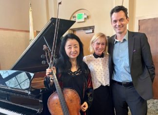 Moving Concert Held at South Pasadena Public Library PHOTO: provided by Friends of South Pasadena Library | The South Pasadenan | Cellist Cecilia Tsan and pianist Steven Vanhauwaert pictured with composer Nan Schwartz.