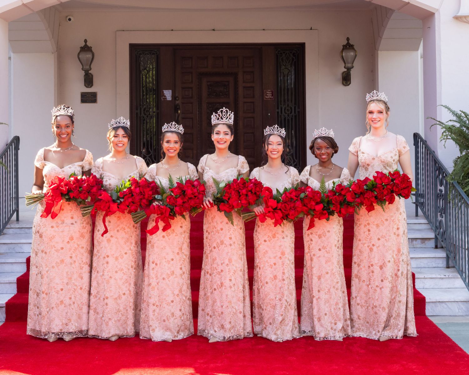 PHOTO: provided by Tournament of Roses | The South Pasadenan | 2024 Rose Court, left to right; Emmerson Tucker, Blair High School; Olivia Bohanec, La Salle College Preparatory; Phoebe Ho, South Pasadena High School; 2024 Rose Queen Naomi Stillitano, Arcadia High School; Mia Moore-Walker, Flintridge Preparatory School; Trinity Dela Cruz, Marshall Fundamental School; Jessica Powell, Flintridge Preparatory School.