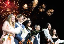 PHOTO: Kaitlyn Lee | South Pasadenan News | L-R: Reese Buckley (senior), Samuel Whitman (senior), Isabella Castro (senior) and the Most Royal Tiger, Jordan Zumba (freshman), Radine Simpson (junior), and Kelsey West (sophomore) make up the Tiger Royal Court at South Pasadena High School's Homecoming 2024.