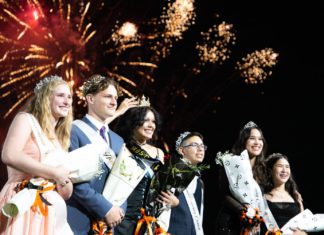 PHOTO: Kaitlyn Lee | South Pasadenan News | L-R: Reese Buckley (senior), Samuel Whitman (senior), Isabella Castro (senior) and the Most Royal Tiger, Jordan Zumba (freshman), Radine Simpson (junior), and Kelsey West (sophomore) make up the Tiger Royal Court at South Pasadena High School's Homecoming 2024.