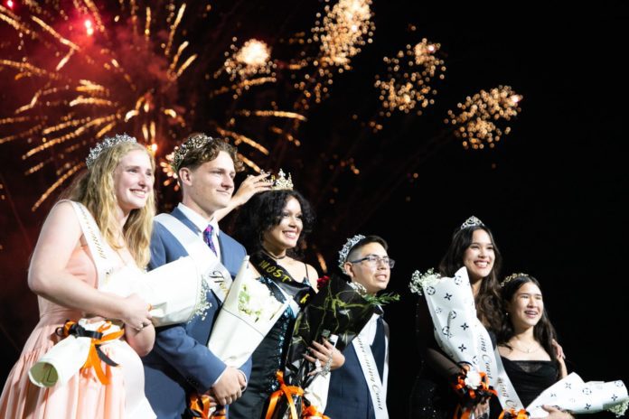 PHOTO: Kaitlyn Lee | South Pasadenan News | L-R: Reese Buckley (senior), Samuel Whitman (senior), Isabella Castro (senior) and the Most Royal Tiger, Jordan Zumba (freshman), Radine Simpson (junior), and Kelsey West (sophomore) make up the Tiger Royal Court at South Pasadena High School's Homecoming 2024.