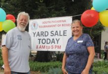 YARD SALE! South Pasadena Tournament of Roses Yard Sale November 8 & 9 PHOTO: Sally Kilby | South Pasadenan News | Steve Fillingham and Janet Benjamin welcome customers to the South Pasadena Tournament of Roses’ yard sale at the War Memorial Building last August. The next sale will be Nov. 8-9. Community members can donate used items for the sale on Nov. 5-7. All proceeds go toward building and decorating the city’s self-built float that will ride down Colorado Boulevard Jan. 1 as part of the Pasadena Tournament of Roses Parade