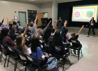 PHOTO: provided by SPUSD | The South Pasadenan | SPHS Virtual Enterprise students teach Arroyo Vista students marketing tips in preparation for the AV Marketplace.