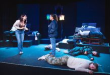 PHOTO: Shari Correll | The South Pasadenan | Sophia Swallow, Milla Sanchez-Regalado and the cast of TRAP on the Little Theatre stage at South Pasadena High School.
