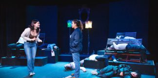 PHOTO: Shari Correll | The South Pasadenan | Sophia Swallow, Milla Sanchez-Regalado and the cast of TRAP on the Little Theatre stage at South Pasadena High School.