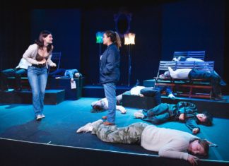 PHOTO: Shari Correll | The South Pasadenan | Sophia Swallow, Milla Sanchez-Regalado and the cast of TRAP on the Little Theatre stage at South Pasadena High School.