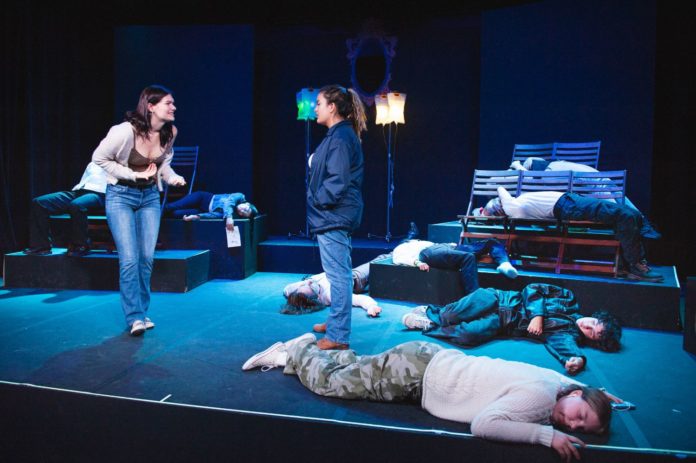 PHOTO: Shari Correll | The South Pasadenan | Sophia Swallow, Milla Sanchez-Regalado and the cast of TRAP on the Little Theatre stage at South Pasadena High School.