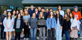 PHOTO: Shelee Luna | South Pasadenan News | SPHS French students and their teacher Erin Kanner pause outside of the Director’s Guild of America during a field trip.