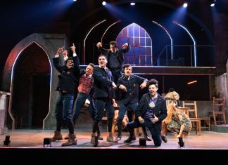 PHOTO: Jenny Graham | The South Pasadenan | (L to R) Marcus Phillips, Jaylen Baham, Thomas Winter, James Everts, Evan Pascual, and CJ Cruz perform “Bitch of Living” in Spring Awakening at East West Players.