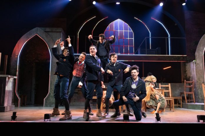 PHOTO: Jenny Graham | The South Pasadenan | (L to R) Marcus Phillips, Jaylen Baham, Thomas Winter, James Everts, Evan Pascual, and CJ Cruz perform “Bitch of Living” in Spring Awakening at East West Players.