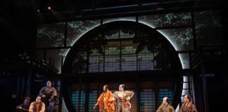 PHOTO: Teolindo | South Pasadenan News | Gemma Pedersen, Adam Kaokept, Nina Kasuya, Kit DeZolt, Gedde Watanabe, Kerry K. Carnahan, Kavin Panmeechao, and Scott Keiji Takeda in Pacific Overtures at East West Players.