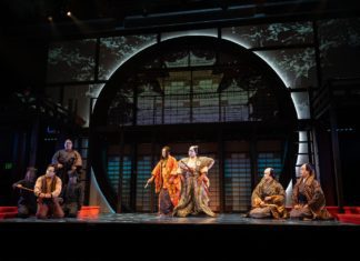 PHOTO: Teolindo | South Pasadenan News | Gemma Pedersen, Adam Kaokept, Nina Kasuya, Kit DeZolt, Gedde Watanabe, Kerry K. Carnahan, Kavin Panmeechao, and Scott Keiji Takeda in Pacific Overtures at East West Players.