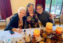 PHOTO: Alisa Hayashida | The South Pasadenan | South Pasadena seniors Kathrin Richards, Cynthia Lopez, and Linda Kubo attend the Thanksgiving celebration at the War Memorial Building.