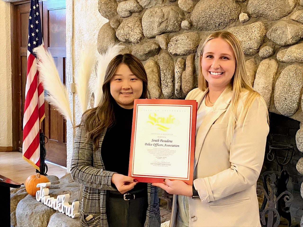 | The South Pasadenan | South Pasadena News PHOTO: Alisa Hayashida | The South Pasadenan | Thanksgiving celebration for South Pasadena seniors held at the War Memorial Building. Senator Portantino representative, Erica Nam, with Senior Center Director, Melissa Snyder.