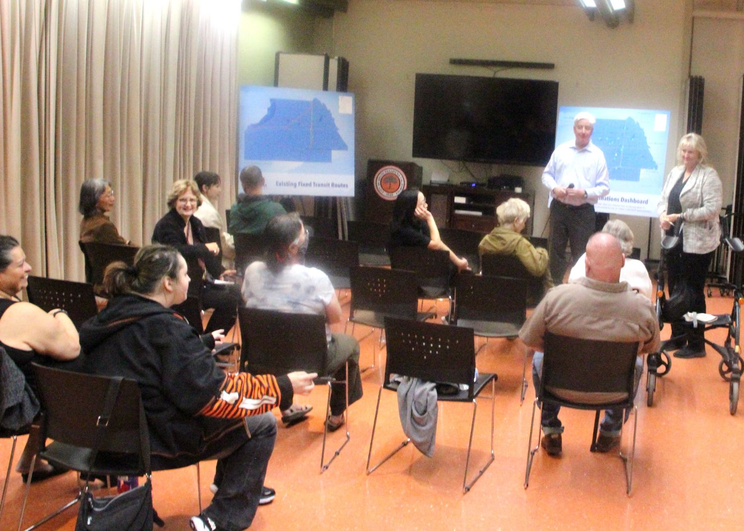 PHOTO: Henk Friezer | The South Pasadenan | Community Services Director, Sheila Pautsch, answers questions at the City's Open House on transit held at the Senior Center November, 14, 2023