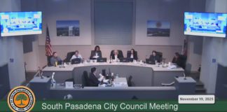Screencap: South Pasadena City Council Meeting November 19,2025 | Sitting City Council Members, City Manager, Contract City Attorney L to R: Todd Hileman, City Manager; Jon Primuth, Omari Ferguson, Janet Braun, Mayor; Sheila Rossi, Mayor Pro Tem; Michael Cacciotti, Roxanne Diaz, Contract City Attorney.