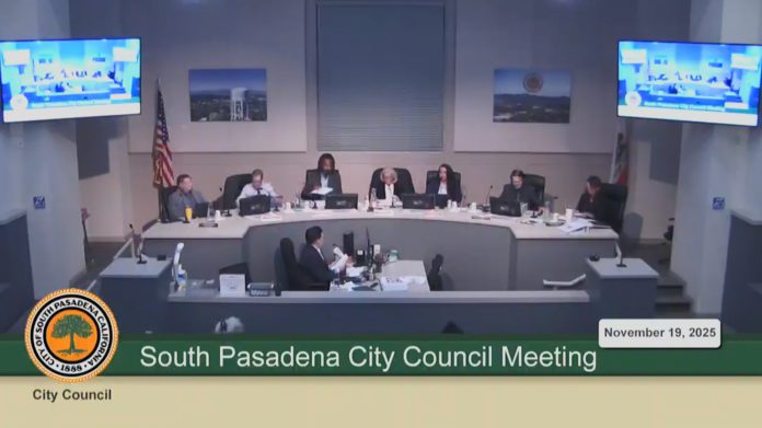 Screencap: South Pasadena City Council Meeting November 19,2025 | Sitting City Council Members, City Manager, Contract City Attorney L to R: Todd Hileman, City Manager; Jon Primuth, Omari Ferguson, Janet Braun, Mayor; Sheila Rossi, Mayor Pro Tem; Michael Cacciotti, Roxanne Diaz, Contract City Attorney.