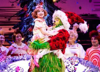 How The Grinch Stole Christmas at the Pantages Hollywood PHOTO: Jeremy Daniel | The South Pasadenan | James Schultz as THE GRINCH, Aerina DeBoer as Cindy-Lou Who and the Touring Company of Dr. Seuss’ HOW THE GRINCH STOLE CHRISTMAS! The Musical.