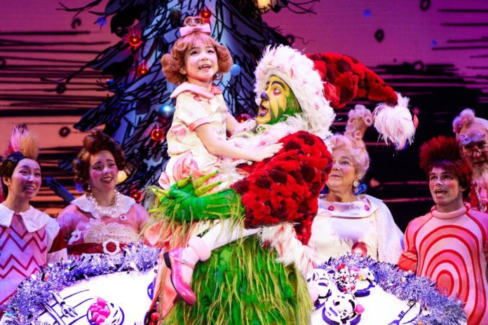 PHOTO: Jeremy Daniel | The South Pasadenan | James Schultz as THE GRINCH, Aerina DeBoer as Cindy-Lou Who and the Touring Company of Dr. Seuss’ HOW THE GRINCH STOLE CHRISTMAS! The Musical.