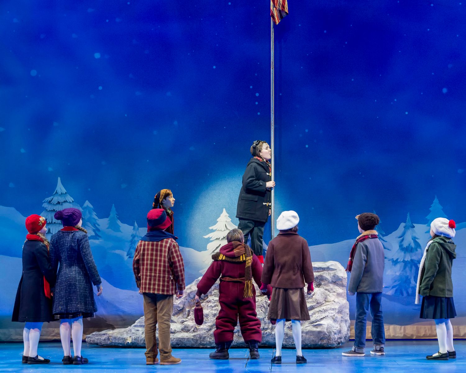 PHOTO: Craig Schwartz Photography | The South Pasadenan | From L to R: Addalie Burns, Greta Rebecca Kleinman, Kai Edgar, Kayden Alexander Koshelev, Henry Witcher, Jack Casey, Izzy Pike, Charlie Stover, and Emilie Ong in "A Christmas Story, The Musical" at Center Theatre Group's Ahmanson Theatre December 5 through December 31, 2023. 