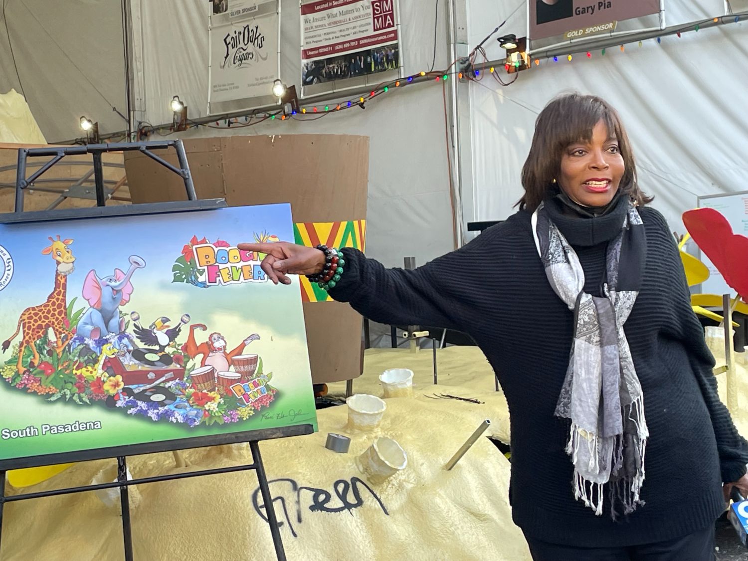 PHOTO: Sally Kilby | KTLA's Gayle Anderson pays a visit to the South Pasadena Tournament of Roses float site on December 11, 2023.