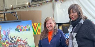 PHOTO: Sally Kilby | The South Pasadenan | PHOTO: Sally Kilby | SPTOR Decoration Chair, Janet Benjamin, with KTLA's Gayle Anderson paying a visit to the South Pasadena Tournament of Roses float site on December 11, 2023.