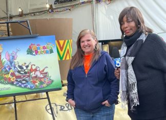 We’re on TV! KTLA Pays Visit to South Pasadena Rose Parade Float Build Site PHOTO: Sally Kilby | The South Pasadenan | PHOTO: Sally Kilby | SPTOR Decoration Chair, Janet Benjamin, with KTLA's Gayle Anderson paying a visit to the South Pasadena Tournament of Roses float site on December 11, 2023.
