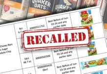 FOOD RECALL: Quaker Oats Granola Products. Grocery store shelves with canisters of Quaker brand old fashioned oats oatmeal.