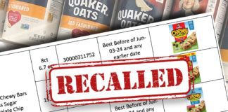FOOD RECALL: Quaker Oats Granola Products. Grocery store shelves with canisters of Quaker brand old fashioned oats oatmeal.