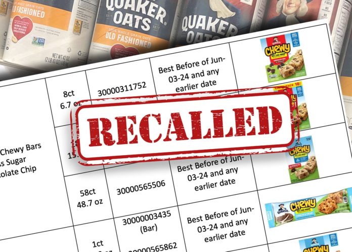 FOOD RECALL: Quaker Oats Granola Products. Grocery store shelves with canisters of Quaker brand old fashioned oats oatmeal.