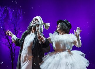 PHOTO: Craig Schwartz | SouthPasadenan.com | Geoff Elliott as Scrooge with Deborah Strang as the Ghost of Christmas Present in A Christmas Carol at A Noise Within.