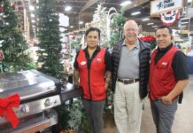 PHOTO: Sally Kilby | The South Pasadenan | One of the auction items featured in the Crunch Time Online Auction is a Blackstone 28" propane griddle donated to SPTOR by Westlake ACE South Pasadena. ACE manager Linda Rodriguez (left) and Manager Oscar Diaz (right) are pictured with Sam Hernandez, Tournament of Roses Association President, next to the BBQ.