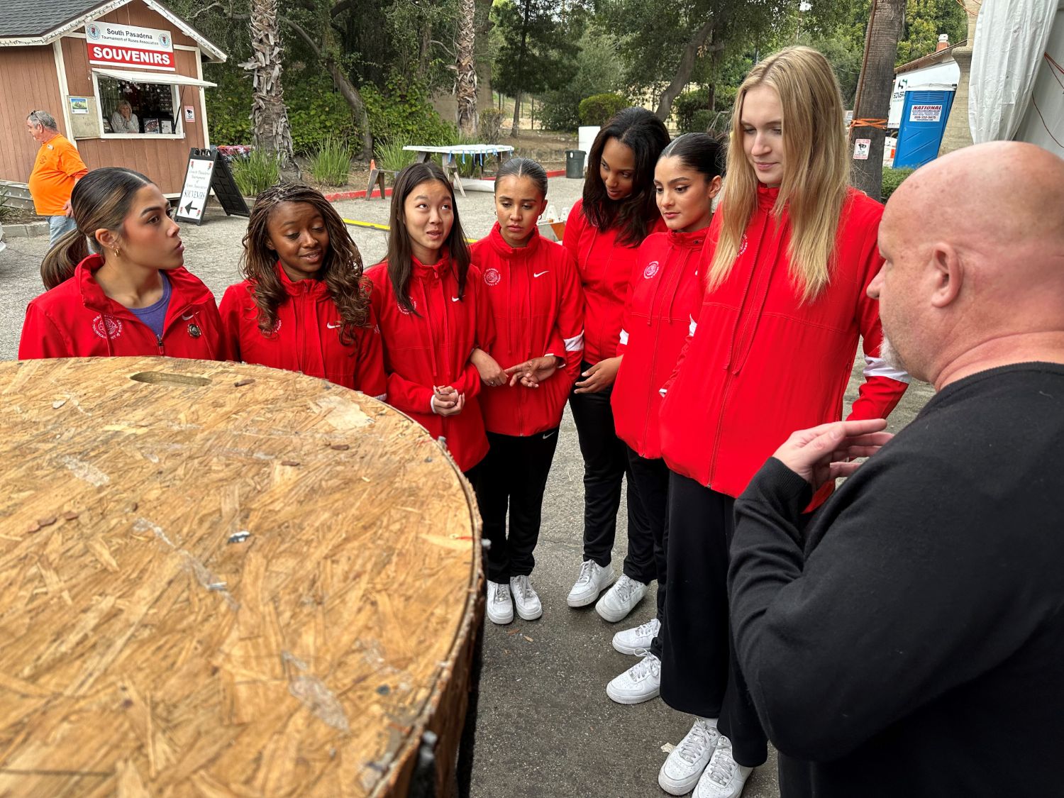 south-pasadena-news-12-27-2023-rose-court-09 | The South Pasadenan | South Pasadena News PHOTO: Bill Glazier | The South Pasadenan | South Pasadena Tournament of Roses Chair Ed Donnelly, right, tells the history of South Pasadena’s float to the 2024 Rose Court.