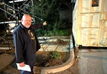 PHOTO: Bill Glazier | The South Pasadenan | Ed  Donnelly, chair of the South Pasadena Tournament of Roses, points to an area behind the War Memorial Building where a permanent building is projected to someday house the city’s float. Over the years, the float has been constructed in a giant circus-like tent at the site.