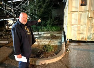 SPTOR Hopes for Permanent Building in City to House Float PHOTO: Bill Glazier | The South Pasadenan | Ed Donnelly, chair of the South Pasadena Tournament of Roses, points to an area behind the War Memorial Building where a permanent building is projected to someday house the city’s float. Over the years, the float has been constructed in a giant circus-like tent at the site.