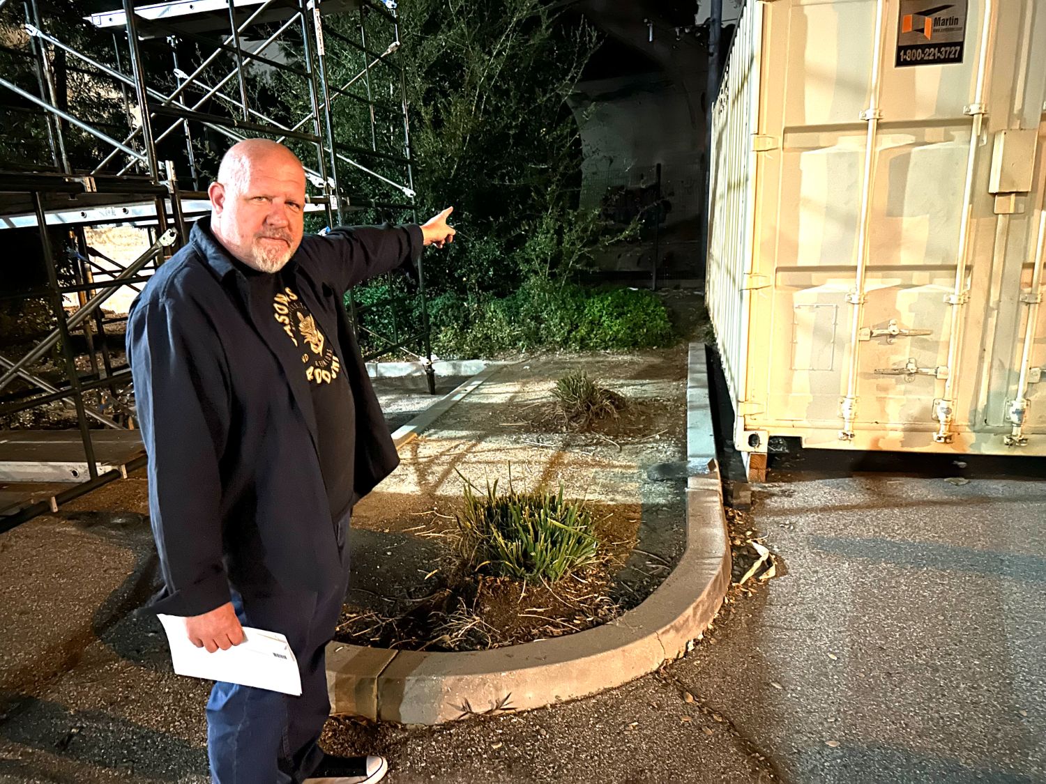 | The South Pasadenan | South Pasadena News PHOTO: Bill Glazier | The South Pasadenan | Ed Donnelly, chair of the South Pasadena Tournament of Roses, points to an area behind the War Memorial Building where a permanent building is projected to someday house the city’s float. Over the years, the float has been constructed in a giant circus-like tent at the site.