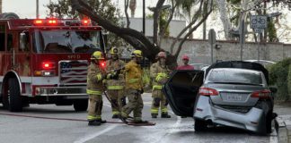 Car Fire, Injured Driver & Morning Street Closure: South Pasadena Fire & Police Quickly Move into Action PHOTO: Steven Lawrence | The South Pasadenan News | Morning car fire quickly handled by South Pasadena Fire Department & Police. Driver with burn injuries to hands